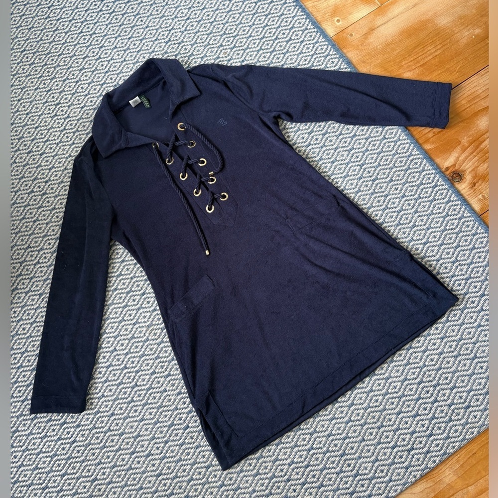LAUREN BY RALPH LAUREN navy terry beach cover up
